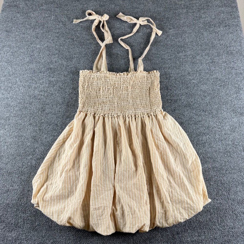 Entro Tan White Striped Smocked Bubble Hem Mini Dress Tie Strap Women Large